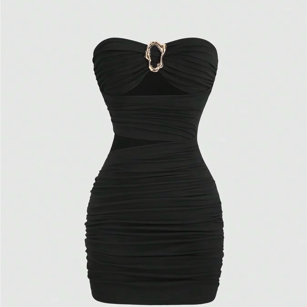 Strapless Black Ruched Bodycon Dress with Gold Accent